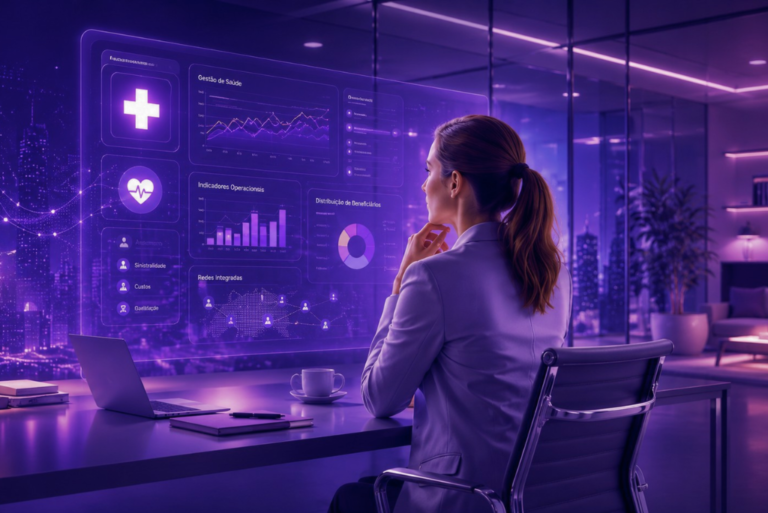 Executiva analisando dashboard com indicadores de tecnologia para operadoras de saúde, incluindo sinistralidade, custos e distribuição de beneficiários